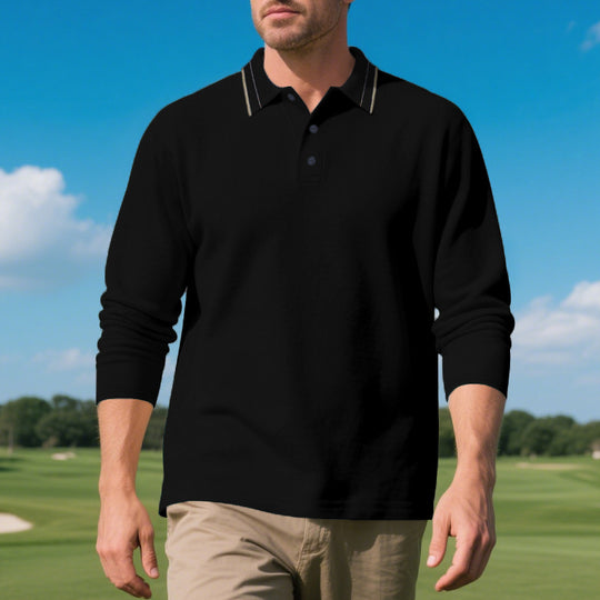 Herren elegantes Langarm-Polohemd mit kontrastierendem Kragen und modischen Knopfdetails R&B
