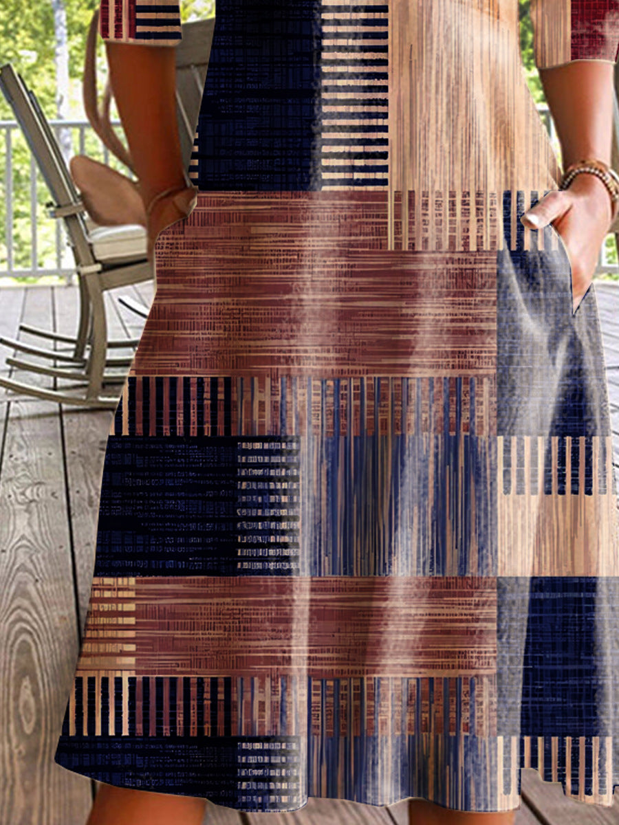 Damen Midikleid mit modernem Blockmuster und praktischen Seitentaschen R&B