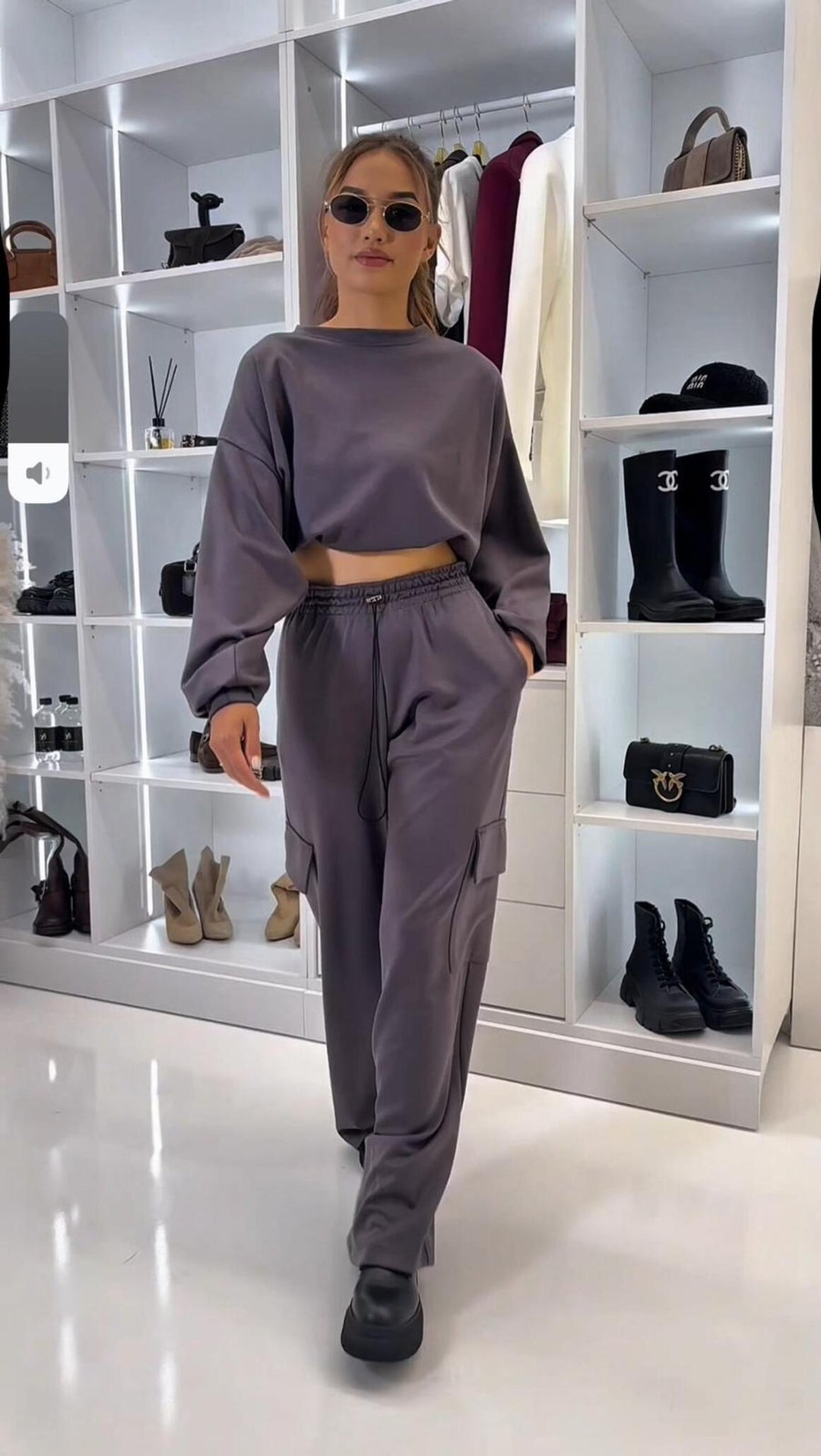 Damen lässiges Cargo-Loungewear-Set mit cropped Oberteil und weitem Bein R&B