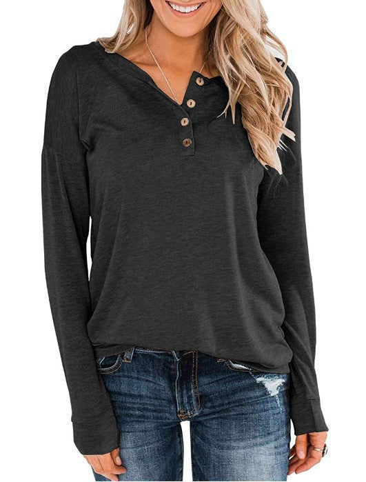 Damen modisches Langarm-Henley-Shirt mit Knopfleiste R&B
