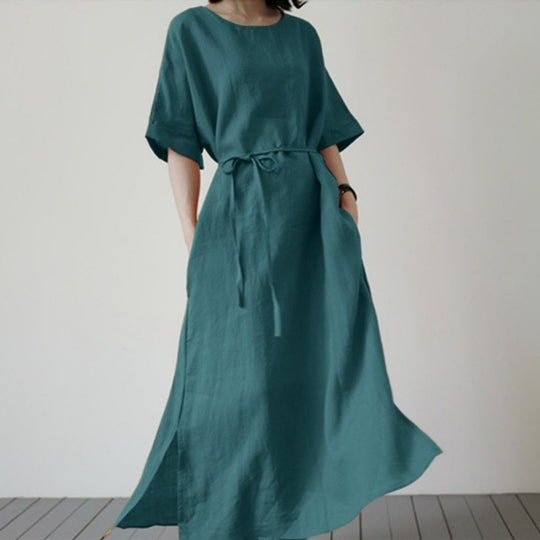 Damen Leinenmaxikleid mit weit geschnittenen Ärmeln und Taillengürtel R&B