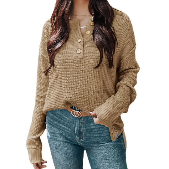 Damen lässiger Oversized Pullover mit Knopfleiste und strukturiertem Material R&B