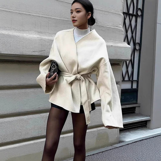 Damen modische Wickeljacke mit Gürtel und weiten Ärmeln R&B