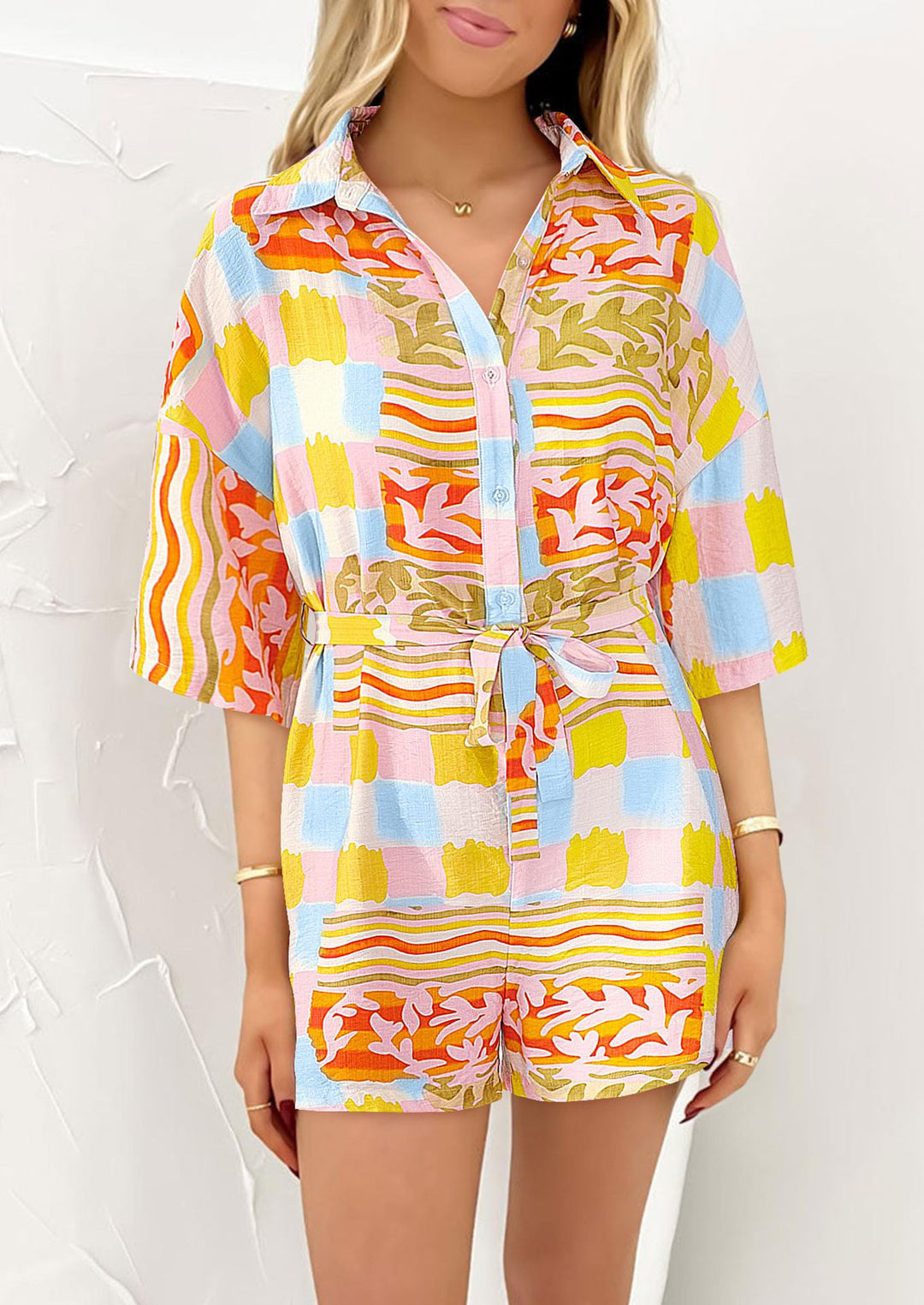 Damen Leichte Kurzarm-Bluse mit Bindegürtel R&B