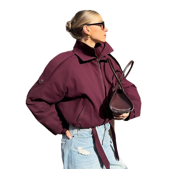 Damen oversized Übergangsjacke mit hohem Kragen und Bindegürtel R&B