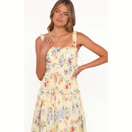 Damen nan luftig-leichte Stufenmidikleid mit gerafftem Oberteil und Rüschen-Trägern R&B