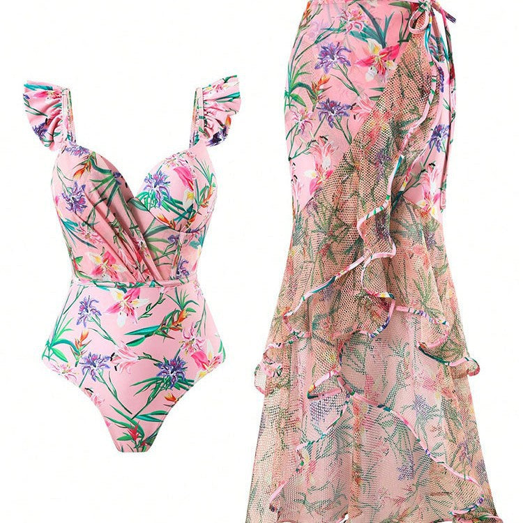 Damen Einteiler Badeanzug mit Rüschendetails und floralem Wickelrock R&B