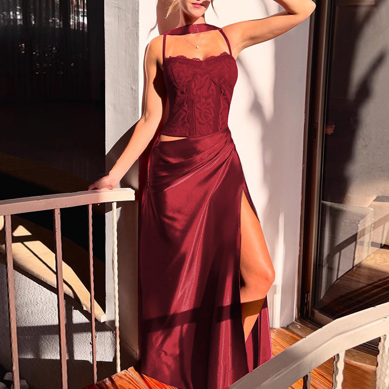 Damen elegantes Maxikleid mit Spitzenoberteil und fließendem Rock R&B