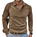 Herren lässiges Langarm-Henley-Shirt mit strukturiertem Rippenstoff und kontrastierenden Ellbogenpatches R&B