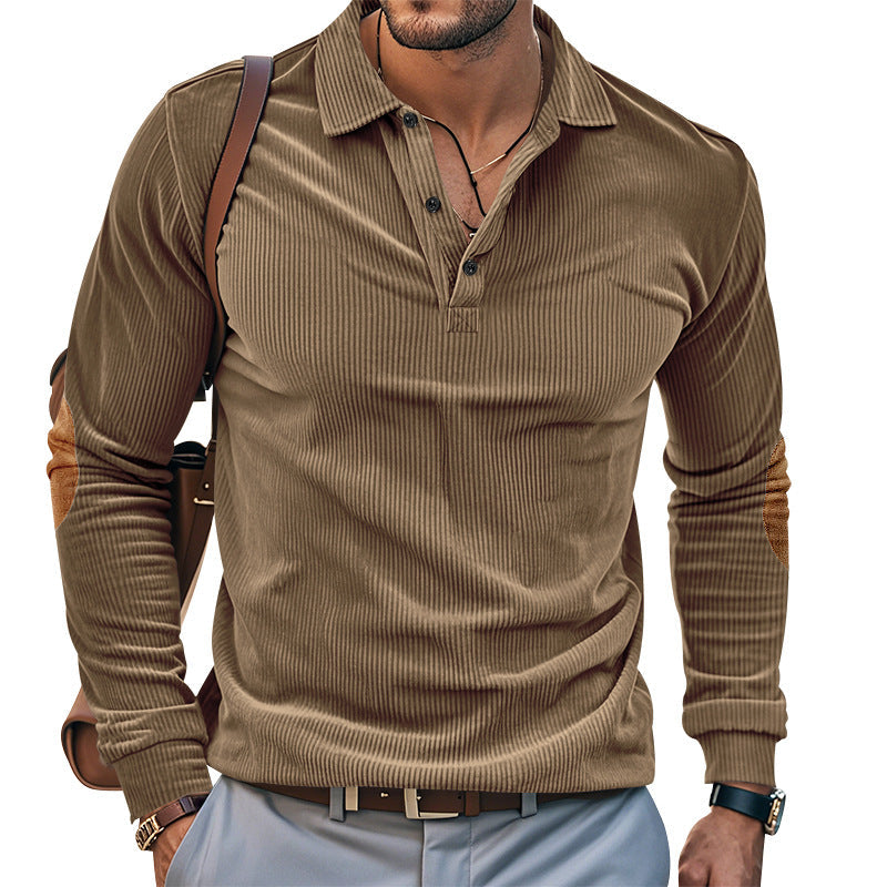 Herren lässiges Langarm-Henley-Shirt mit strukturiertem Rippenstoff und kontrastierenden Ellbogenpatches R&B