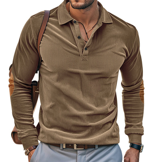 Herren lässiges Langarm-Henley-Shirt mit strukturiertem Rippenstoff und kontrastierenden Ellbogenpatches R&B