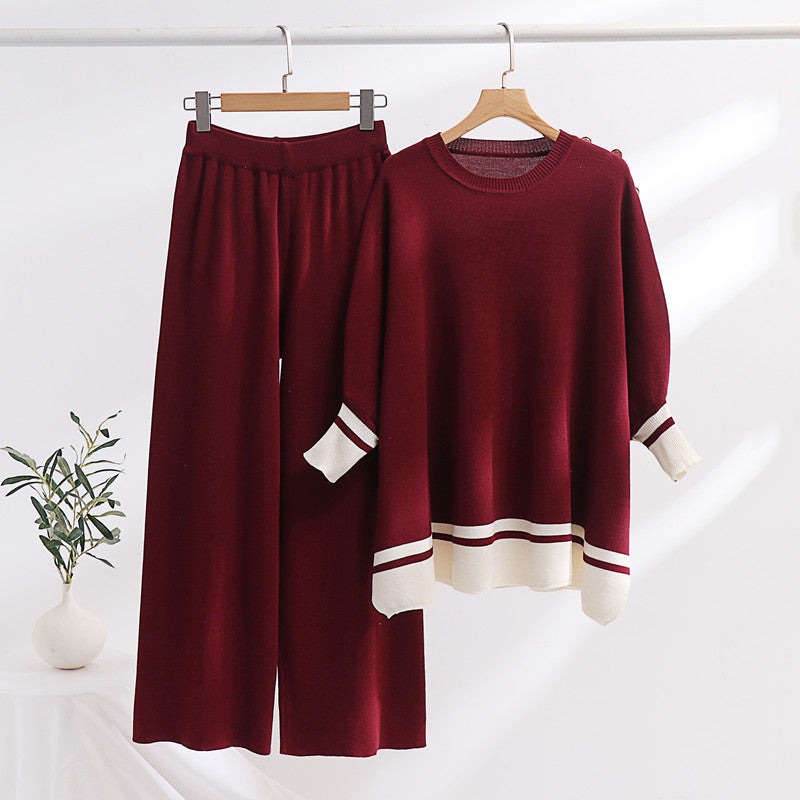 Damen lässiges Strick-Loungewear-Set mit modischem Kontrastsaum und weitem Schnitt R&B