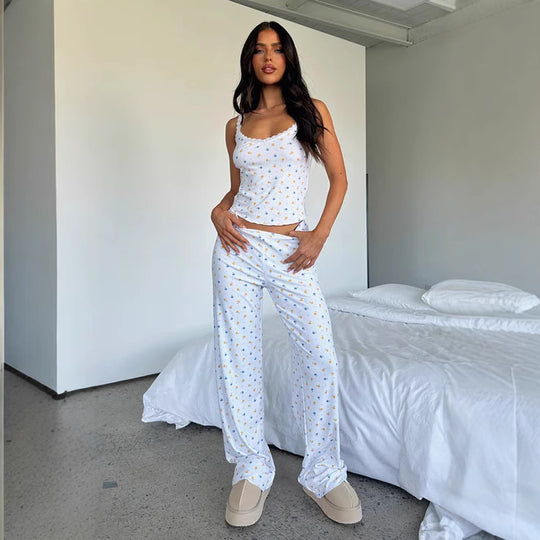 Damen Schlafanzug Set mit verzierten Trägern und elastischem Bund R&B