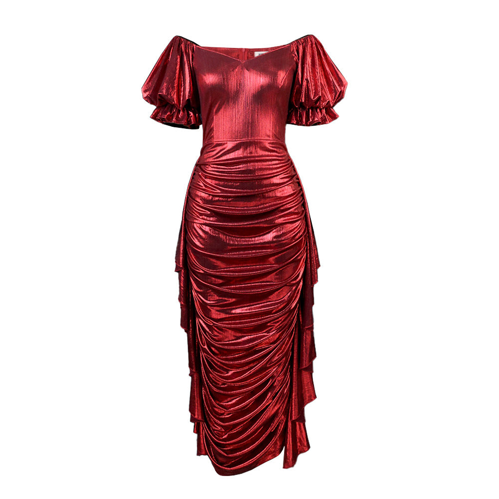 Damen Glamouröses Wickelkleid mit voluminösen Puffärmeln und seitlicher Drapierung R&B