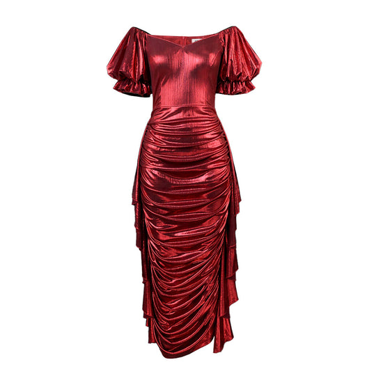 Damen Glamouröses Wickelkleid mit voluminösen Puffärmeln und seitlicher Drapierung R&B