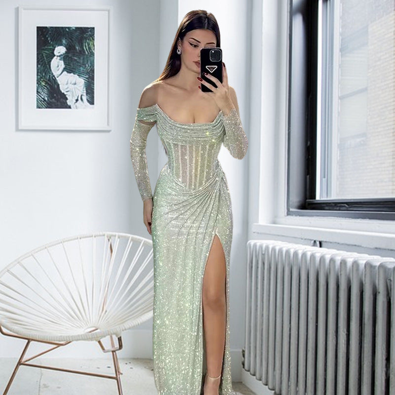Damen Elegantes Abendkleid mit schimmerndem Schmuckdetail und drapiertem Rock R&B