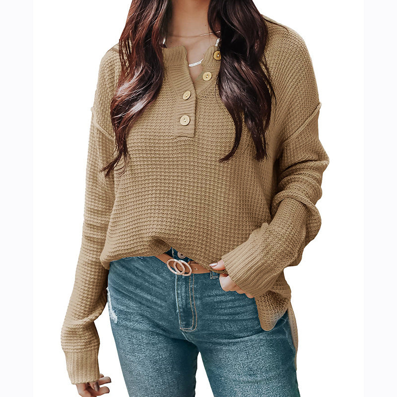 Damen lässiger Oversized Pullover mit Knopfleiste und strukturiertem Material R&B