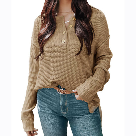 Damen lässiger Oversized Pullover mit Knopfleiste und strukturiertem Material R&B