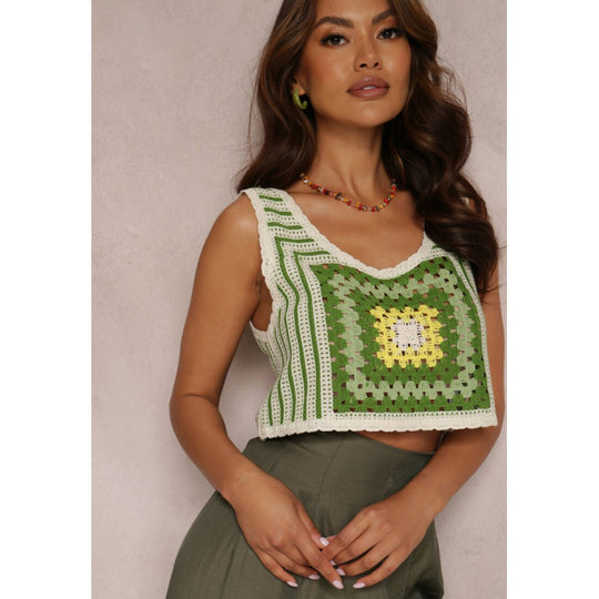 Damen Cropped Top mit kreativem Häkelmuster und V-Ausschnitt R&B