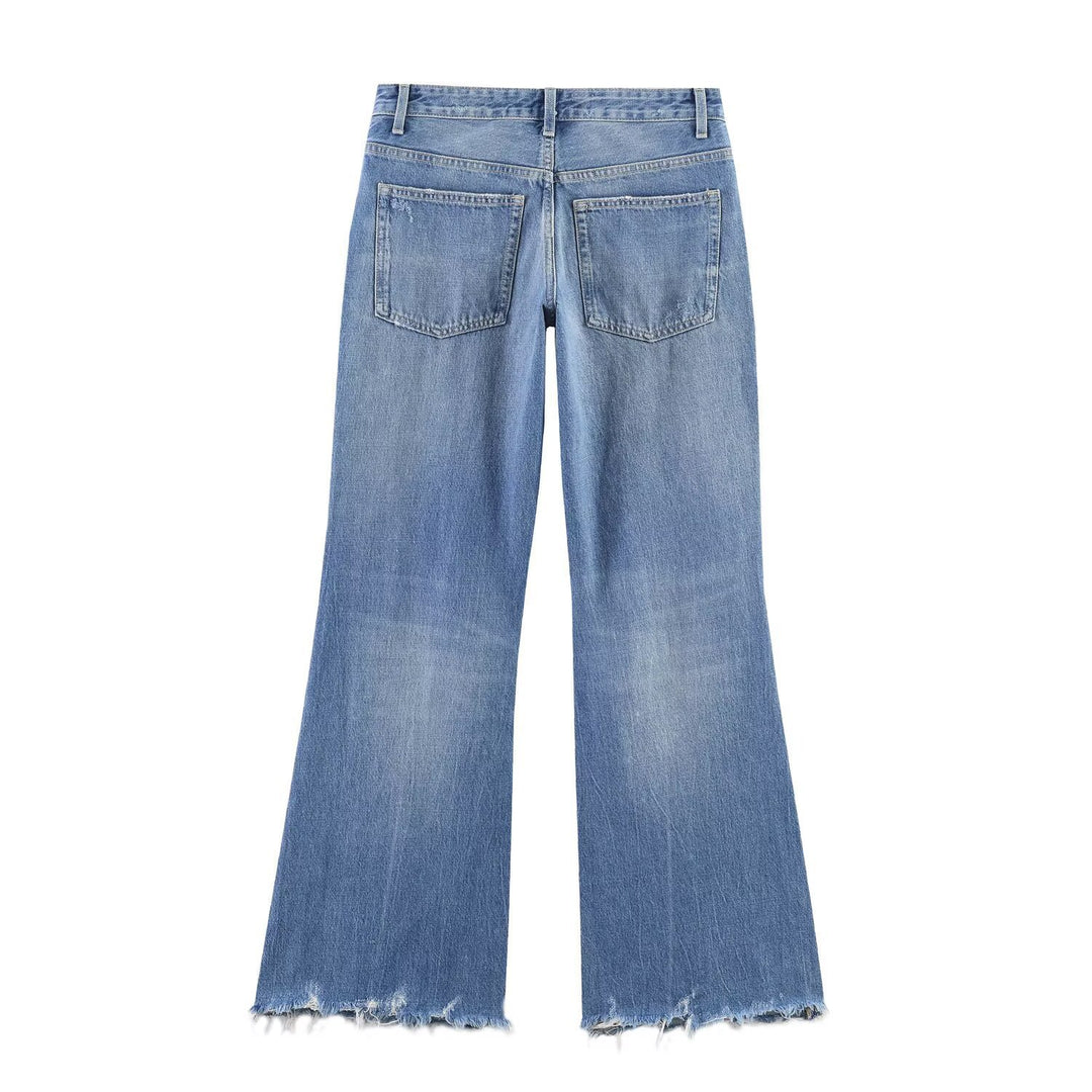 Damen Flared Jeans mit Destroyed-Effekten und Fransenabschlüssen R&B