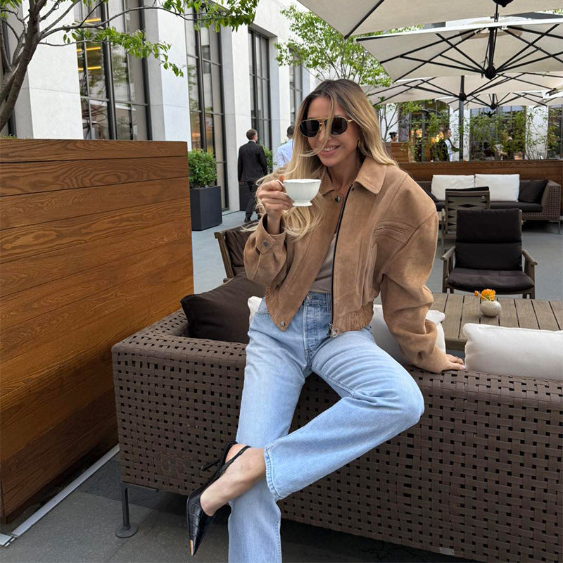 Damen Modische Wildlederjacke im Oversized-Stil