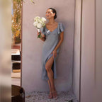 Damen Maxikleid mit voluminösen Rüschendetails und seitlichem Schlitz R&B
