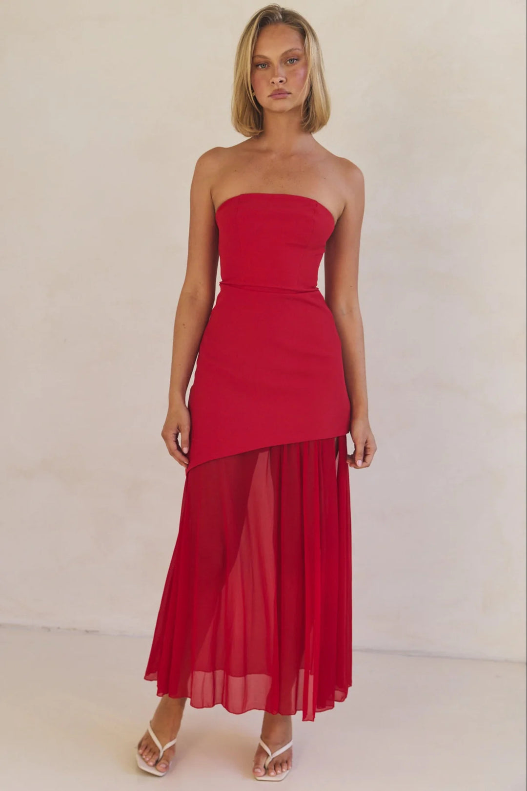 Damen Elegantes Bandeau-Maxi-Kleid mit fließendem Chiffon-Rock und figurbetontem Oberteil R&B