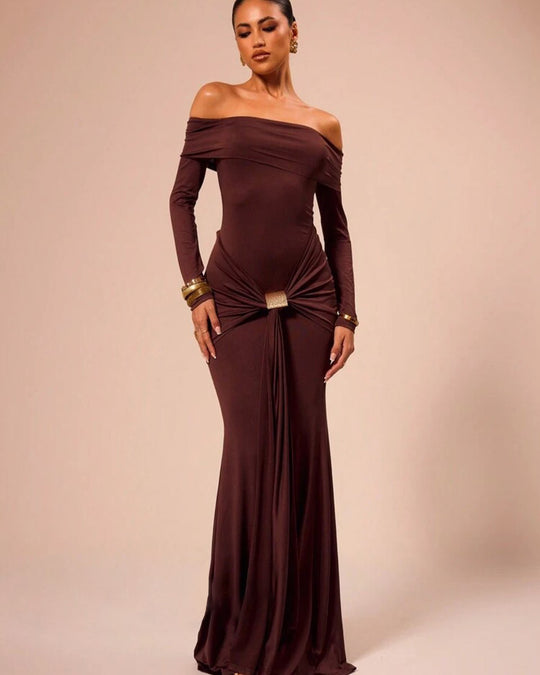 Damen Elegantes Off-Shoulder Maxikleid mit Raffungen R&B