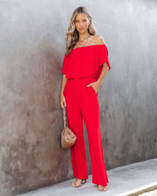 Damen Off-Shoulder Jumpsuit mit weichem Stoff und elastischem Bund R&B