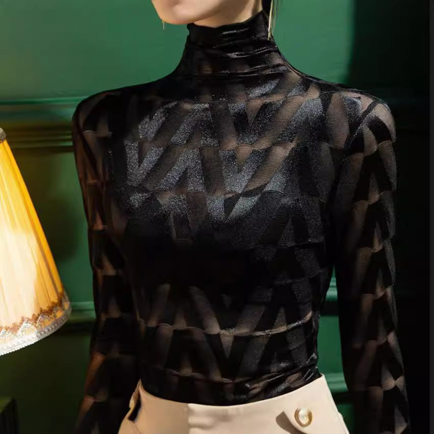 Damen Elegantes Rollkragenoberteil mit geometrischem Muster und transparenten Akzenten R&B