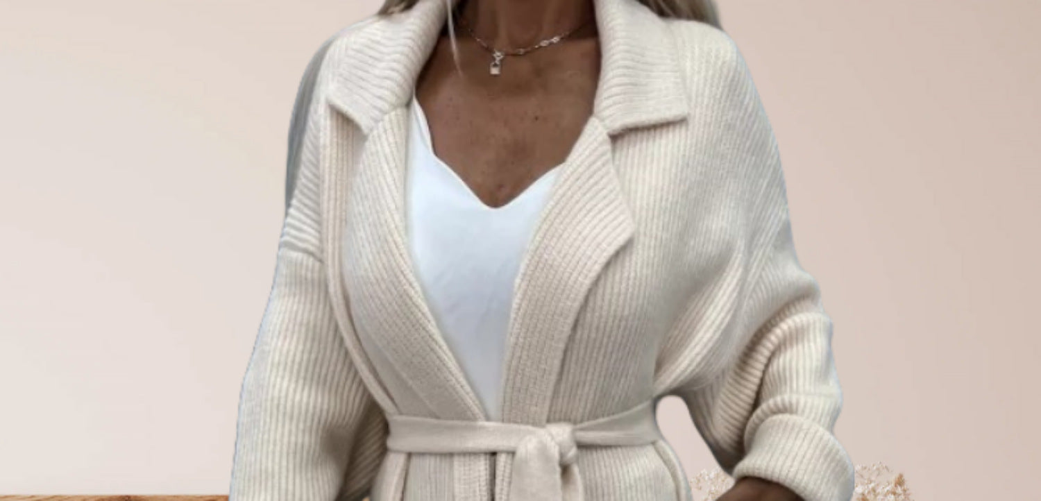 Damen Strickmantel mit Gürtel und breiten Revers R&B