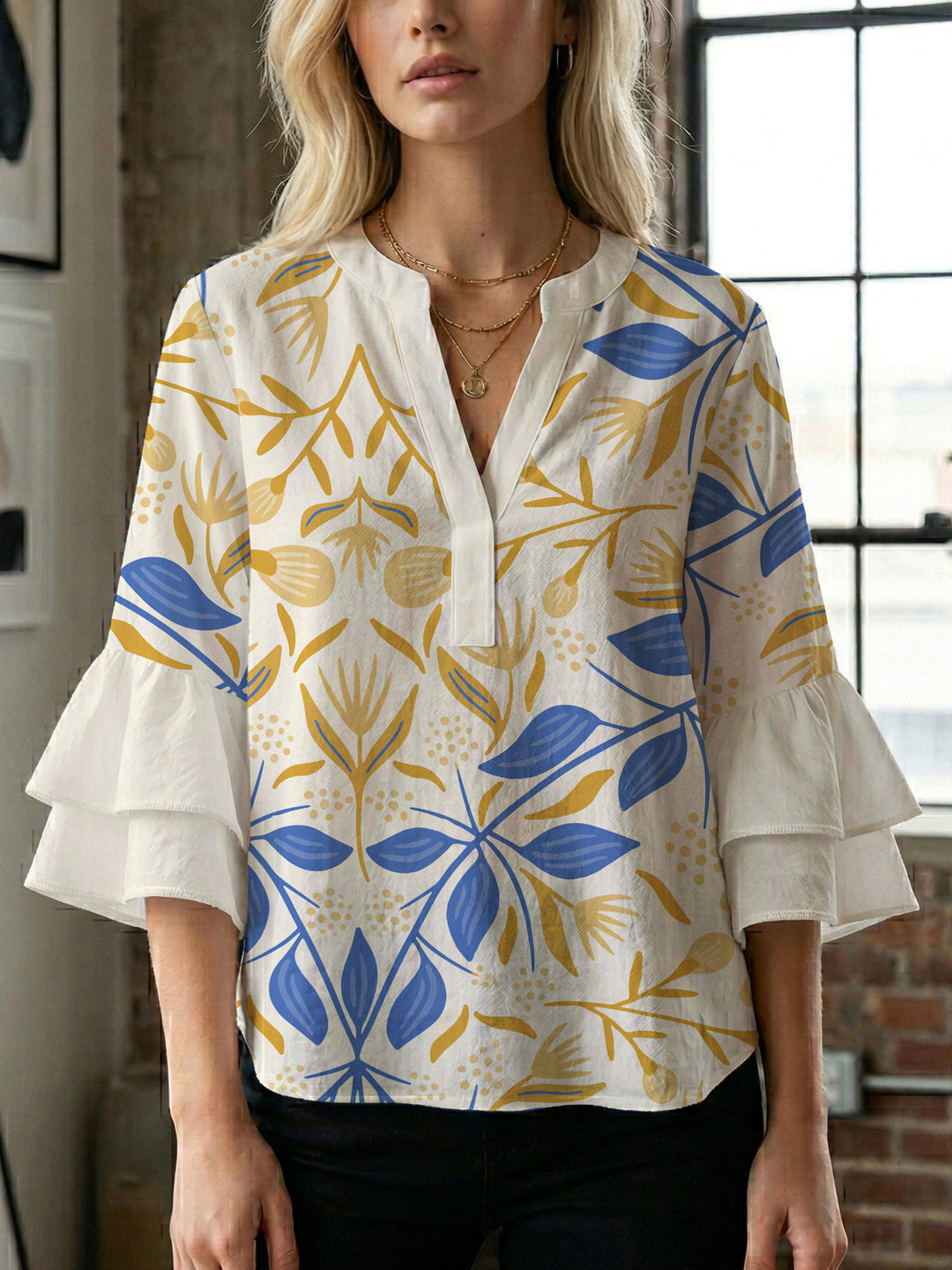 Damen Bluse mit voluminösen Rüschenärmeln und floralem Druck R&B