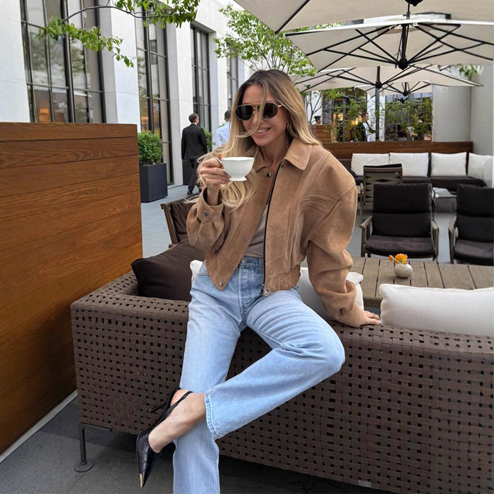 Damen Modische Wildlederjacke im cropped Stil mit praktischen Taschen R&B