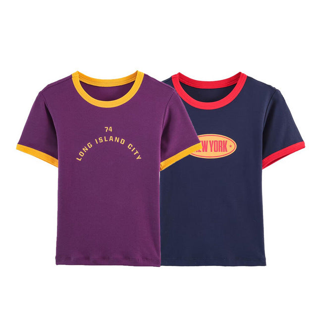 Damen modisches T-Shirt mit kontrastierenden Ärmeln und aufgedrucktem Schriftzug R&B