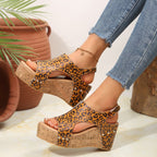 Damen Wedge-Sandalen mit leopardfarbenem Design und Kork-Kreativsohle R&B