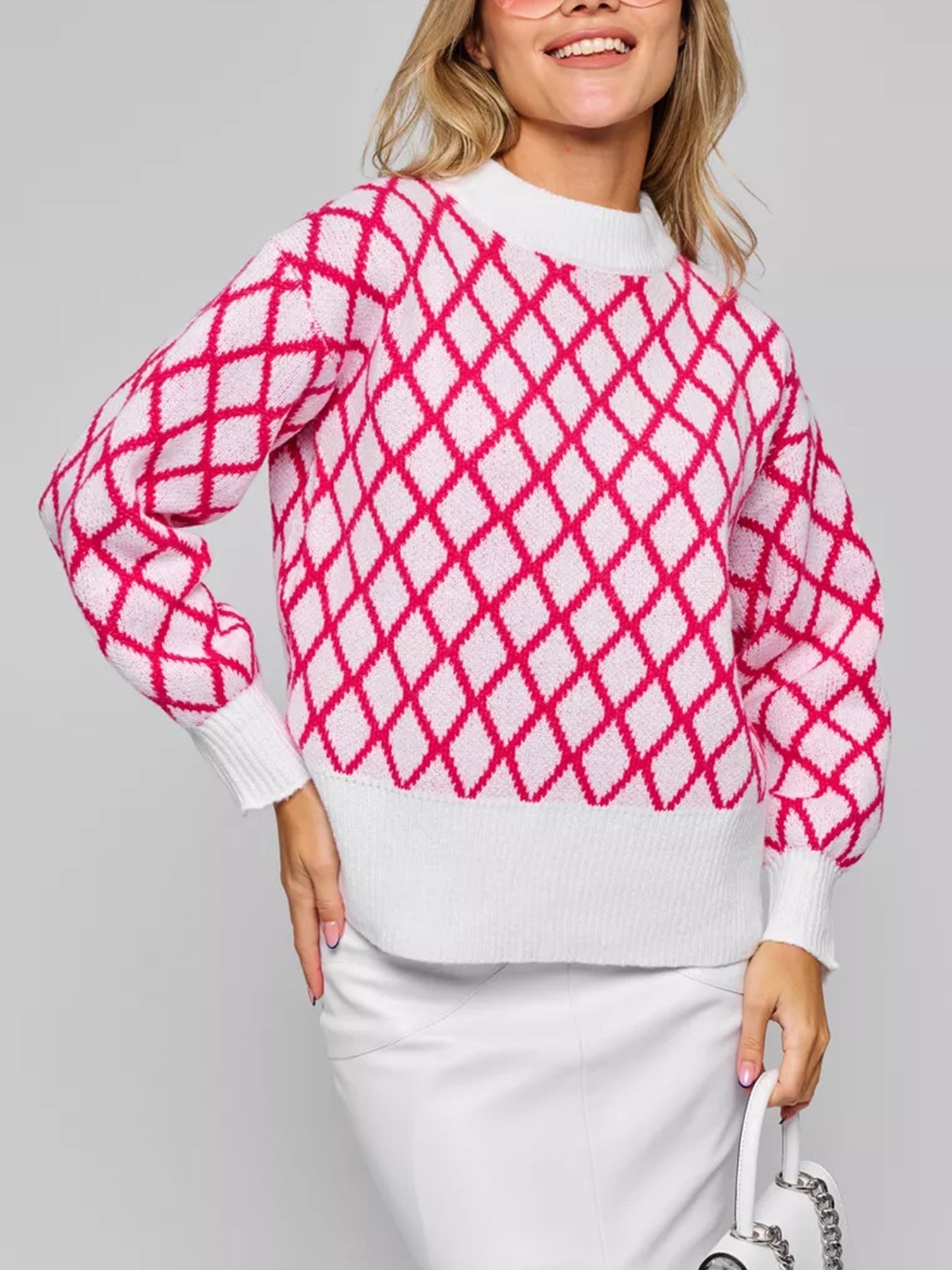 Damen lässiger Pullover mit modernem Rautenmuster und lässigem Schnitt R&B