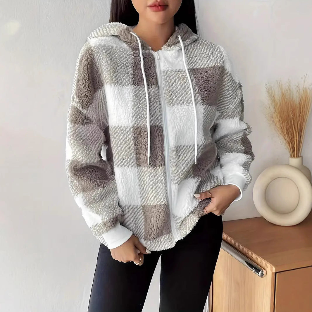 Damen Kuschelige Kapuzenjacke im Karodesign R&B