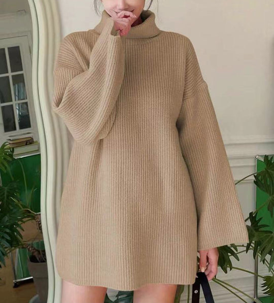 Damen Langer Strickpullover mit hohem Kragen und weit ausgestellten Ärmeln R&B