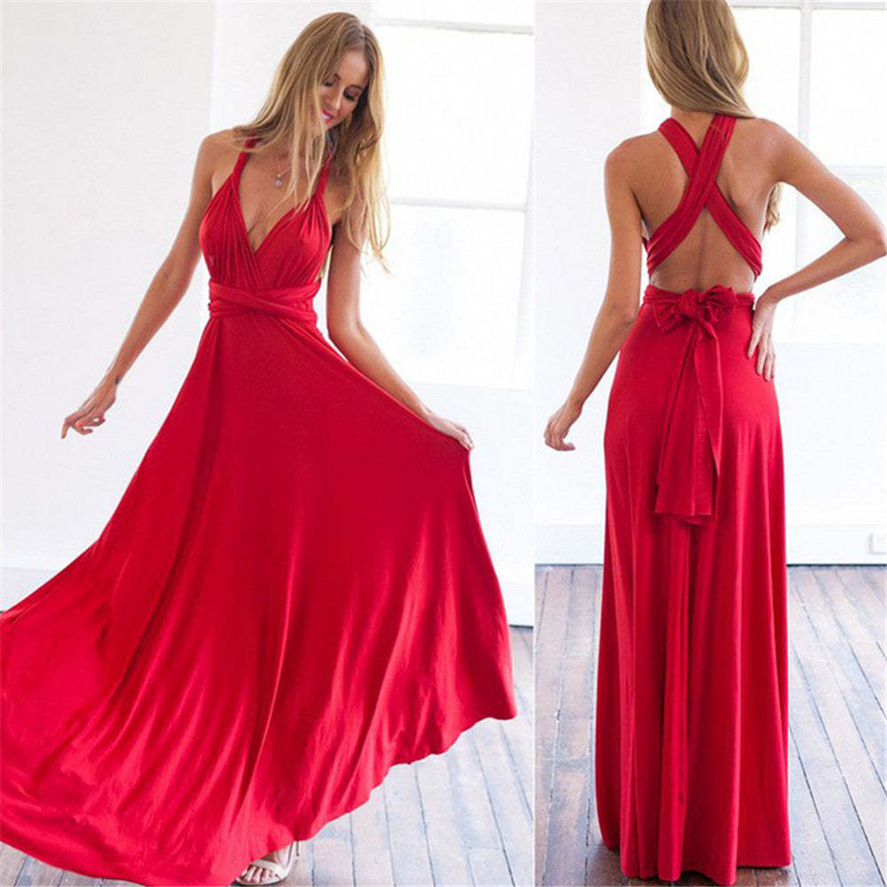 Damen elegantes Rundhals-Maxikleid mit variablen Trägeroptionen und fließendem Schnitt R&B
