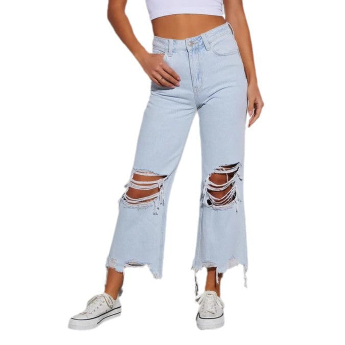 Damen Mom Jeans mit ausgefranstem Saum und Rippen-Details R&B