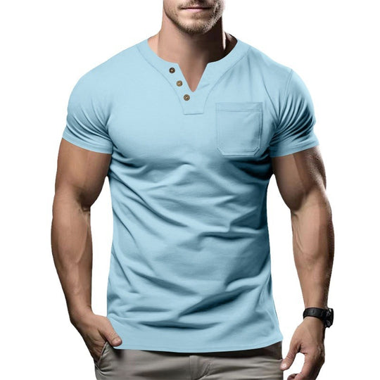 Herren nan körperbetontes Baumwollstretch-Kurzarmshirt mit Split-V-Ausschnitt dekorativer Knopfleiste und Brusttasche R&B