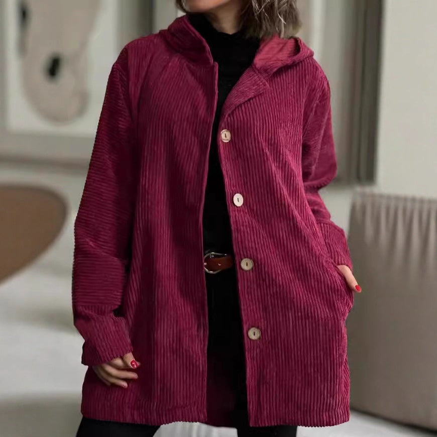 Damen Lässige cordjacke mit Kapuze und großen Knöpfen R&B