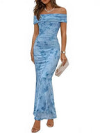Damen elegantes Off-Shoulder Maxikleid mit floralem Muster und elastischem Einsatz R&B
