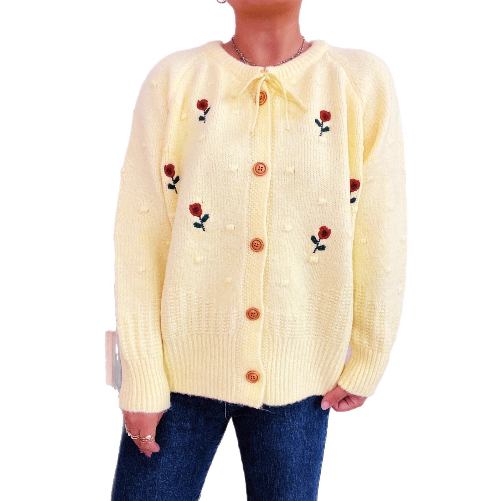 Damen Strickjacke mit floralem Stickdesign und Knopfverschluss R&B