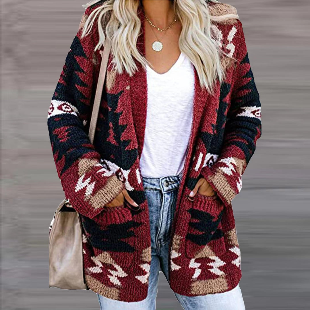 Damen Strickjacke im modernen Ethno-Design mit aufgesetzten Taschen und lässigem Schnitt R&B