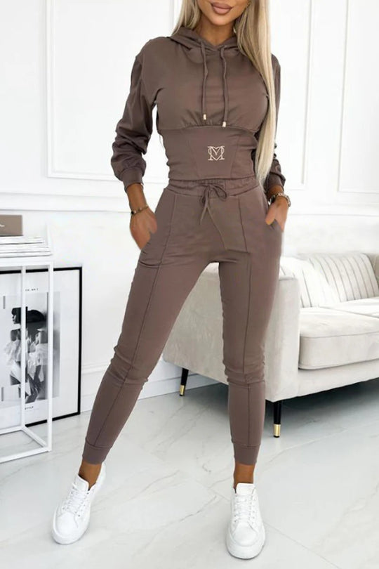 Damen Sportliches Jumpsuit-Set mit Kapuze und elastischem Bund R&B