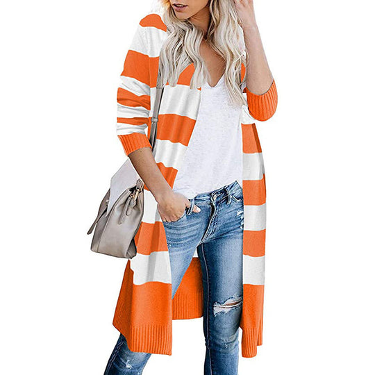 Damen Langer Strickcardigan mit gestreiftem Design R&B