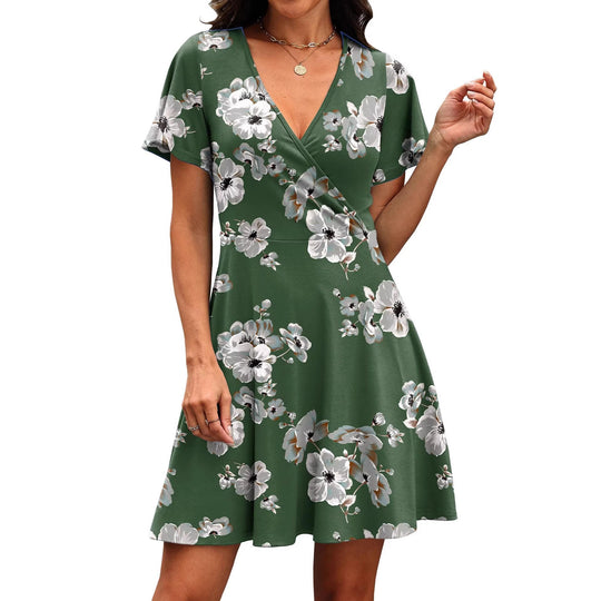Damen Kurzärmeliges Wickelkleid mit floralen Mustern und V-Ausschnitt R&B