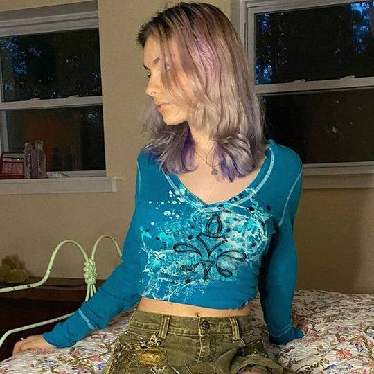 Damen Langarm-Croptop mit grafischem Print R&B