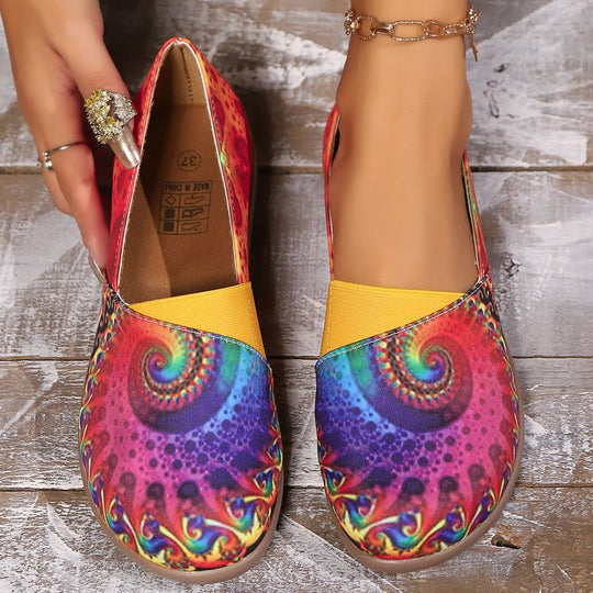 Damen Bequeme Slip-on Ballerinas mit buntem Druckdesign und elastischem Abschluss R&B